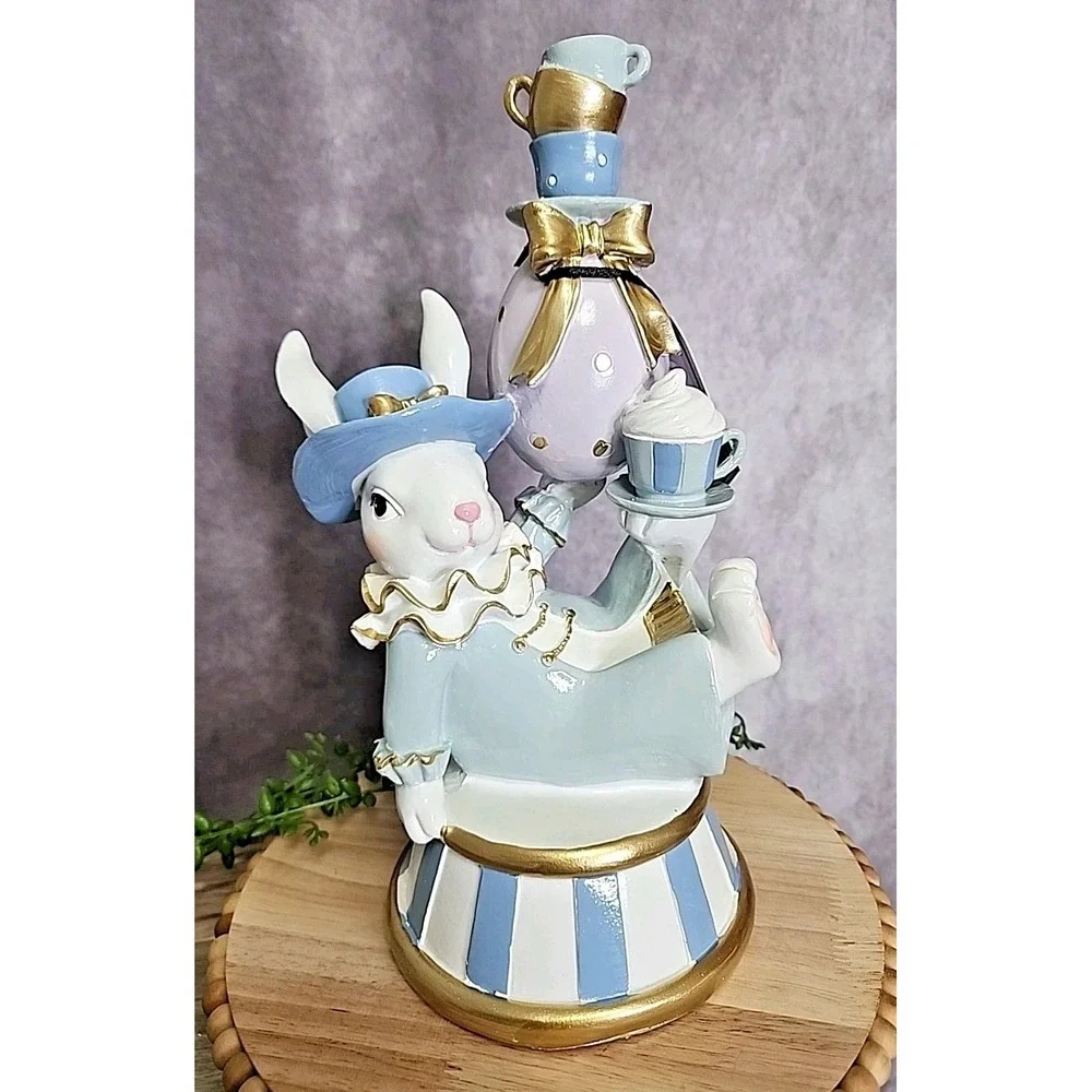 Easter Spring Blue Pastel Mad Hatter Bunny Rabbit Balancing Teacups Figurine 12